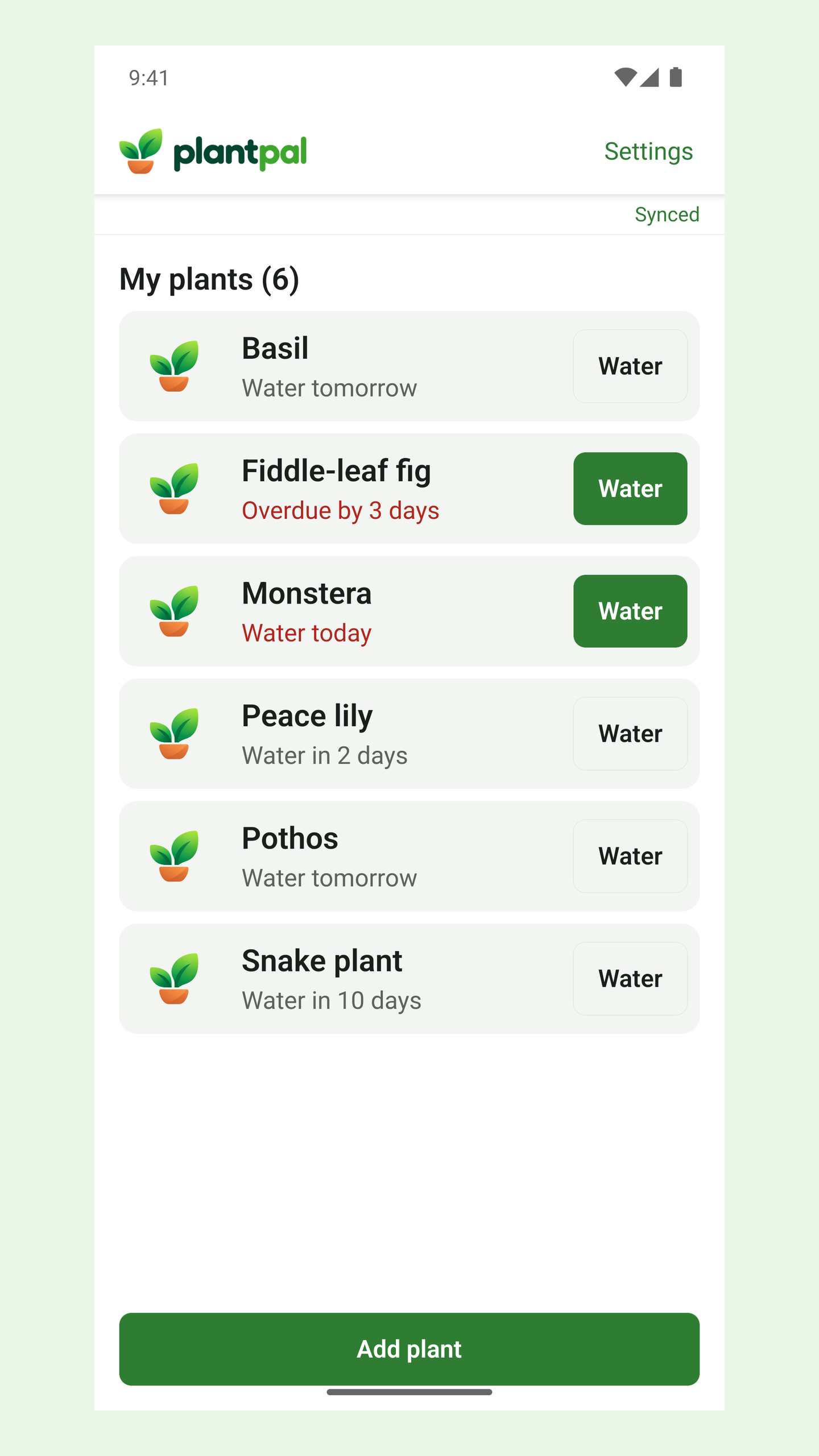 PlantPal plant list with a Synced badge and Water buttons