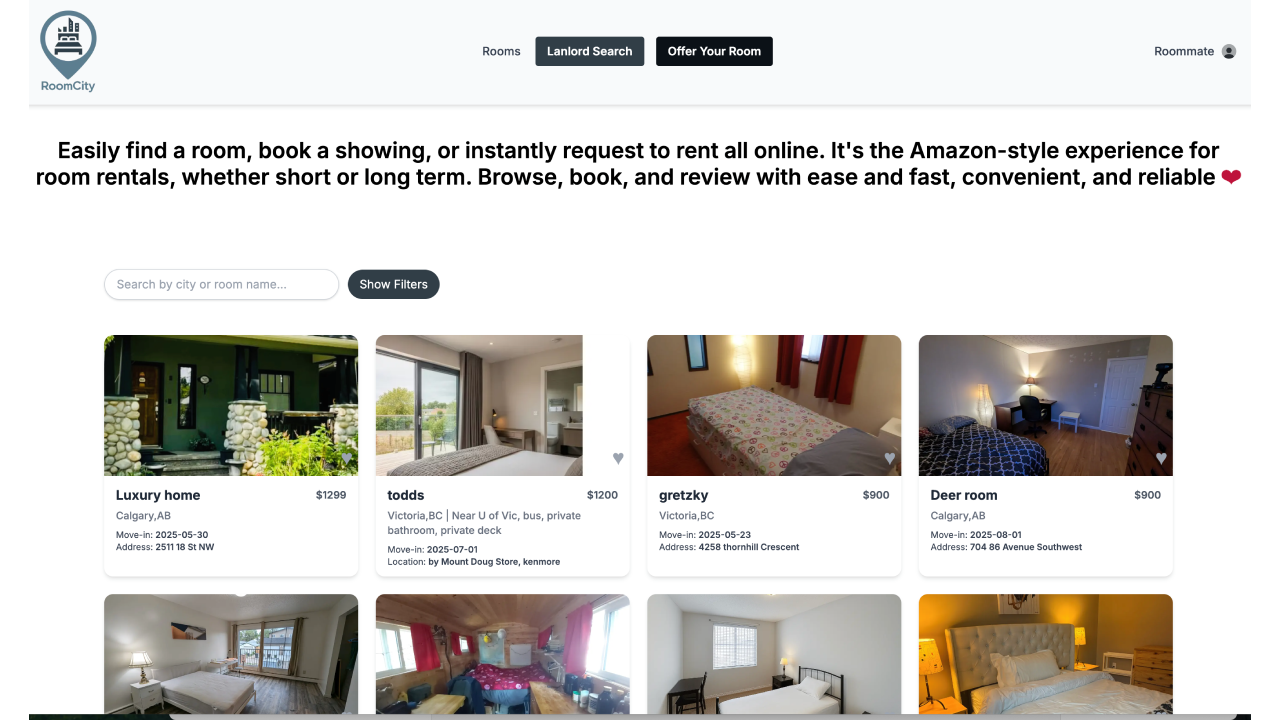 CityRoomFinder room rental platform screenshot