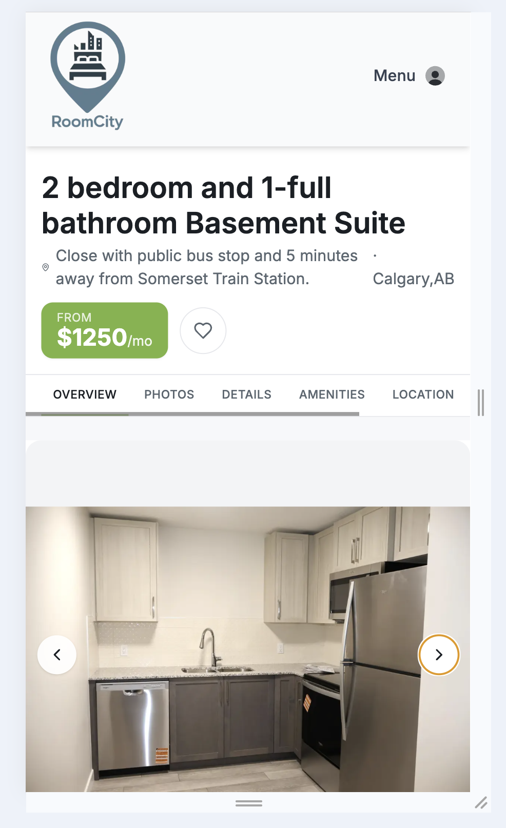CityRoomFinder listing page on a phone, with the title, price, section tabs and photo slider