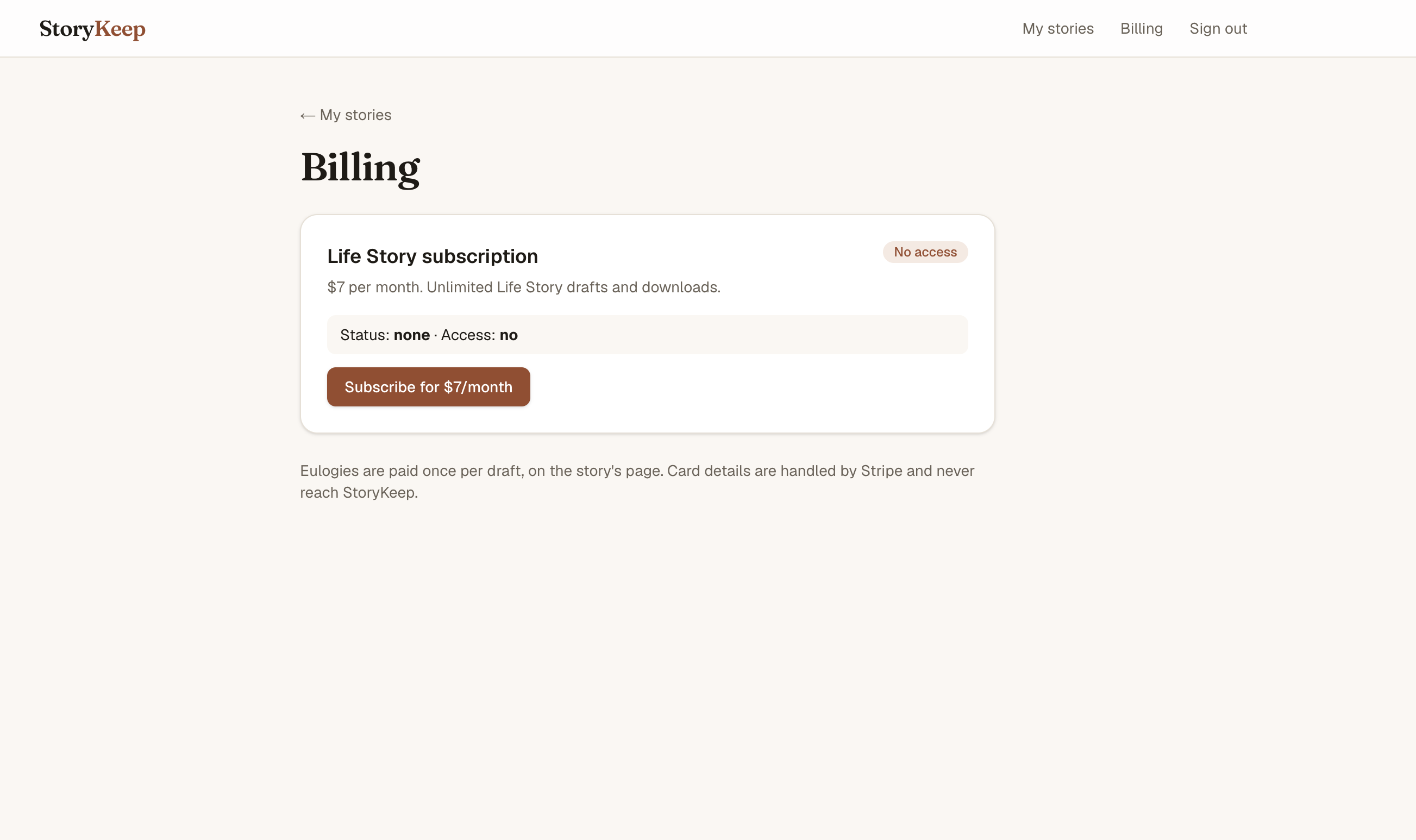 StoryKeep billing page with a $7 per month Life Story subscription and a Subscribe button