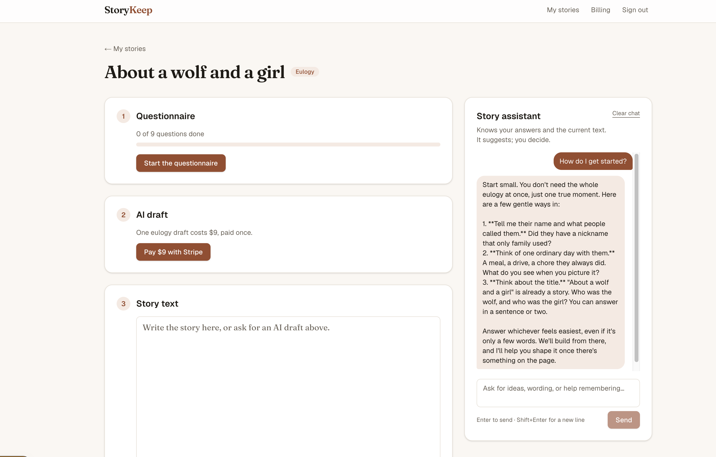 StoryKeep story editor with questionnaire progress, a $9 Stripe-paid AI draft step, and the Claude story assistant chat
