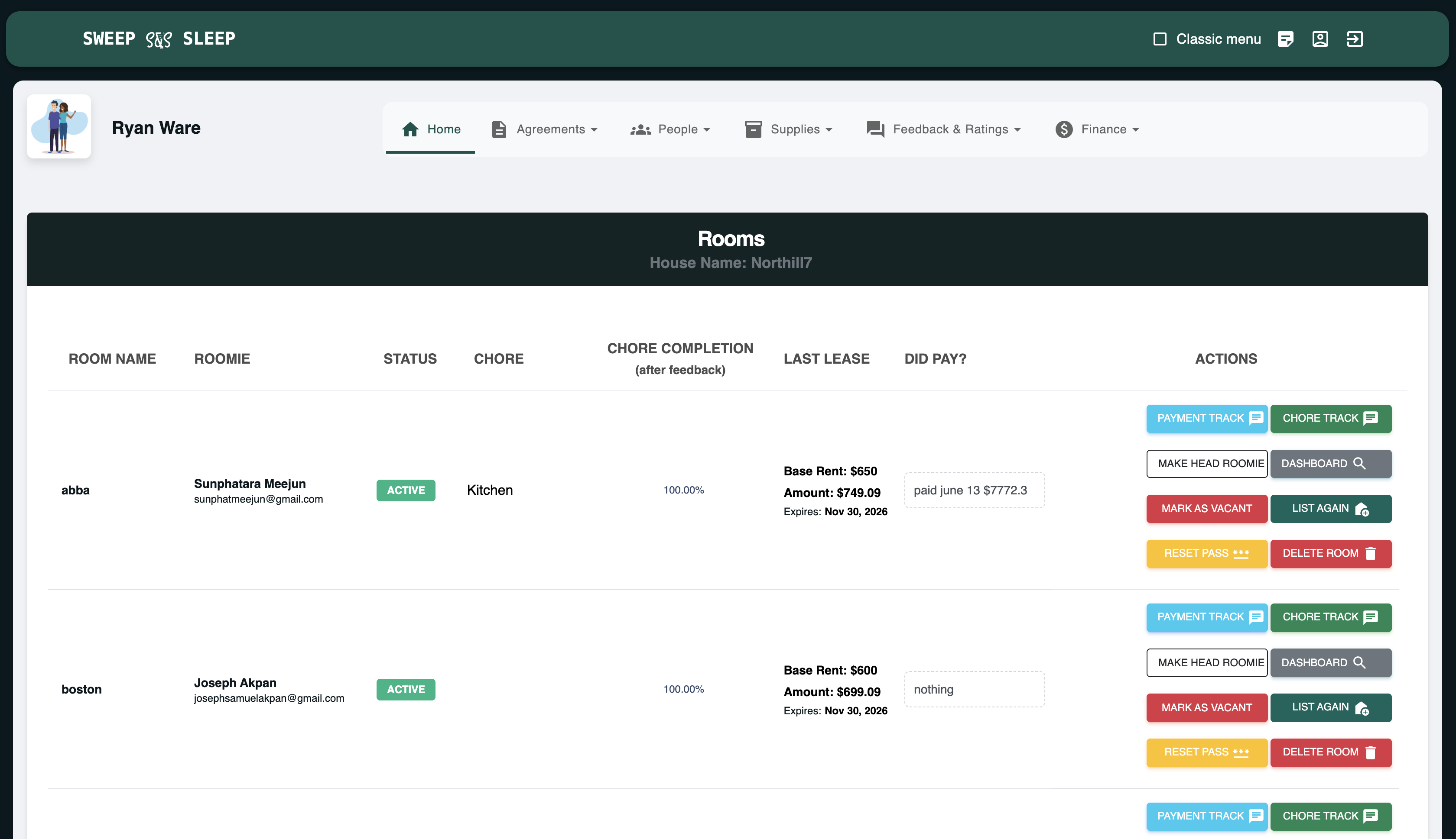 SweepNSleep rooms dashboard showing roommate status, chore completion, rent and payment actions